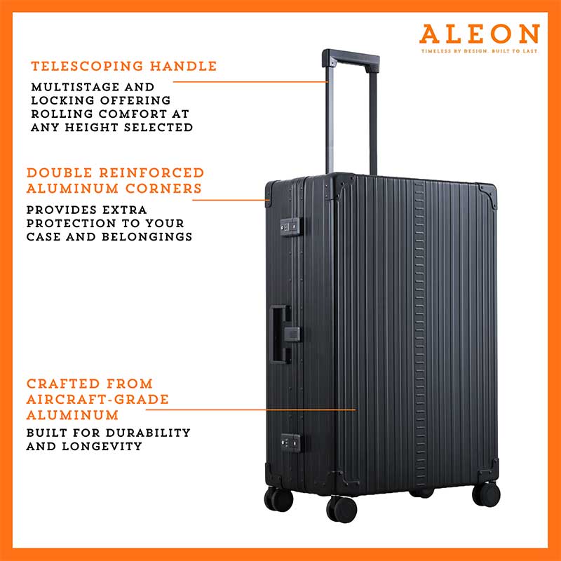 The black onyx ALEON 32″ Macro Plus glides smoothly through an airport terminal, its high-performance wheels designed for quiet and stable movement. The ergonomic telescoping handle ensures comfortable handling, even in bustling travel environments.