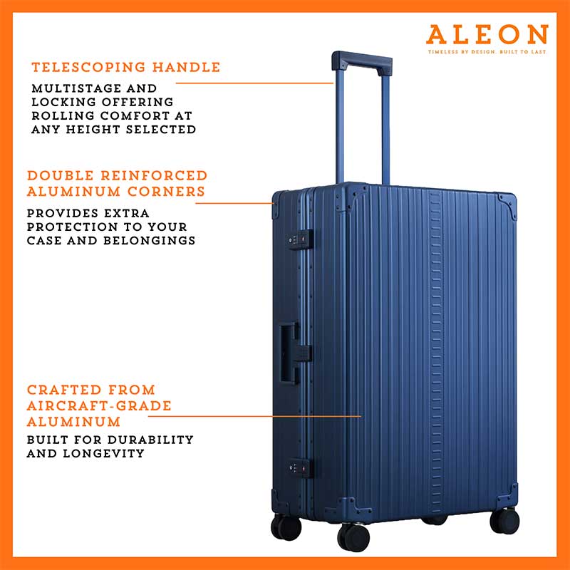 The ALEON 32″ Macro Plus Traveler Large Check-In, crafted from aircraft-grade aluminum, stands upright on a pristine hotel lobby floor. Its hard-shell design, reinforced corners, and TSA-approved locks emphasize security and durability for long-haul journeys.
