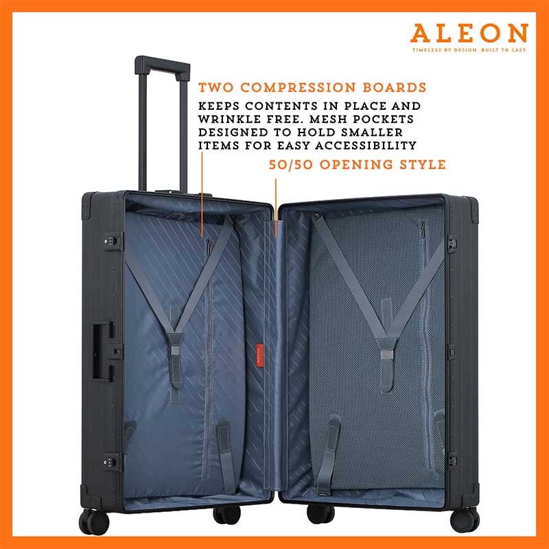 The ALEON 32″ black Macro Plus glides smoothly through an airport terminal, its high-performance wheels designed for quiet and stable movement. The ergonomic telescoping handle ensures comfortable handling, even in bustling travel environments.