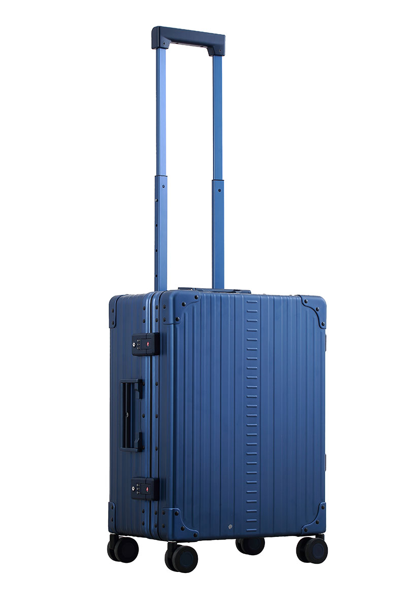 Aleon carry on in blue sapphire color with 360 degree spinner wheels with aluminum construction