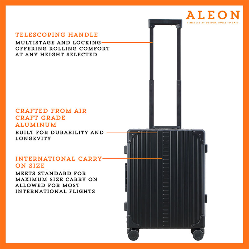 Front view of Aleon international carry on in onyx perfect for international travel