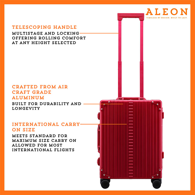 Front view of Aleon red international carry on crafted from aluminum