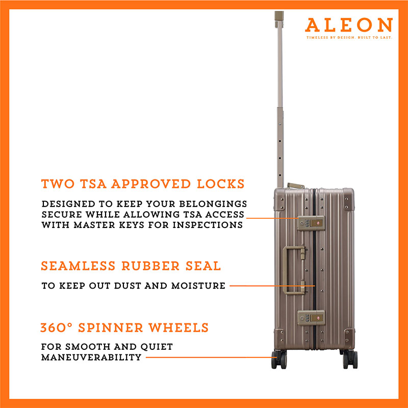 The ALEON 21" Carry-On glides effortlessly through a busy terminal, its precision-engineered wheels navigating the polished flooring with ease. The sturdy telescoping handle ensures a comfortable grip for travelers.