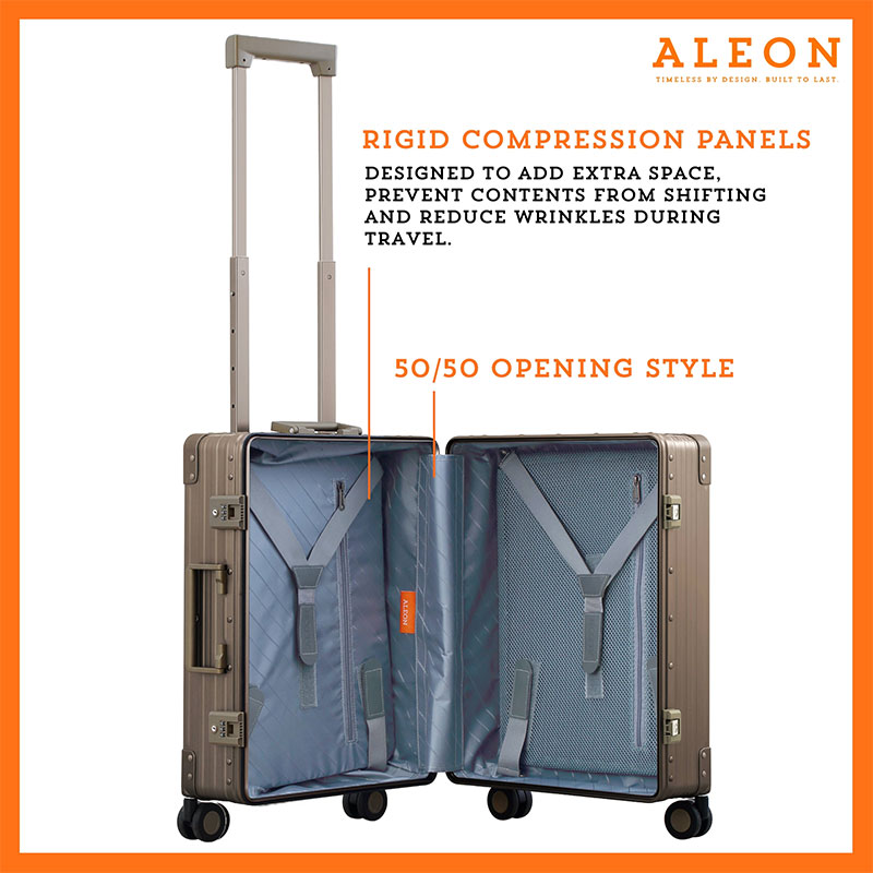 An open bronze ALEON 21" Carry-On reveals a neatly arranged interior with compression panels and secure straps, showcasing its well-structured design for organized packing. The TSA-approved locking mechanism adds an extra layer of security.