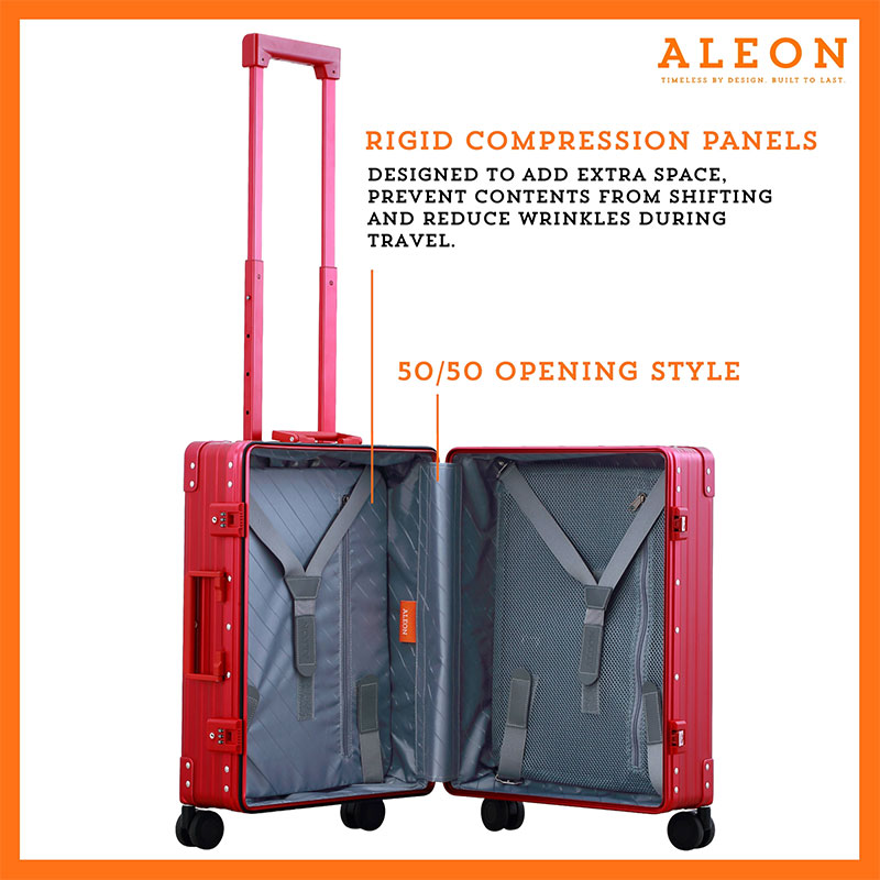B07499SXCK-RU-open-(2) An open ALEON 21" Carry-On reveals a neatly arranged interior with compression panels and secure straps, showcasing its well-structured design for organized packing. The TSA-approved locking mechanism adds an extra layer of security.