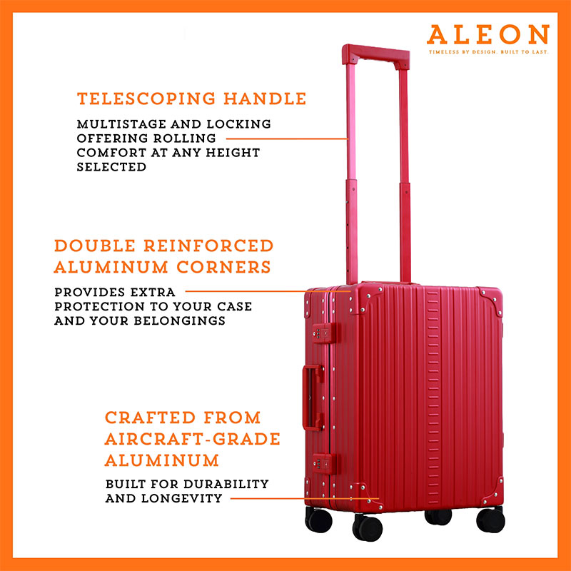 B07499SXCK-RU-side-(2) The ALEON 21" Carry-On rests beside a plush airport lounge chair, its refined metallic finish complementing the sophisticated travel setting. Designed for durability and elegance, it exudes premium craftsmanship and functionality.