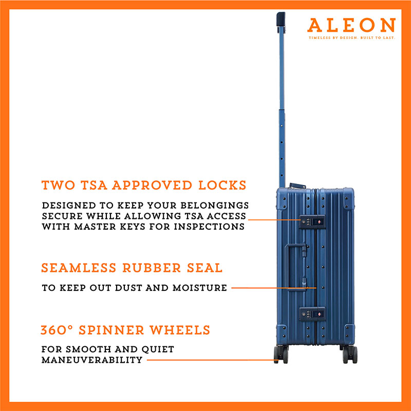 The ALEON 21" blue Carry-On glides effortlessly through a busy terminal, its precision-engineered wheels navigating the polished flooring with ease. The sturdy telescoping handle ensures a comfortable grip for travelers.