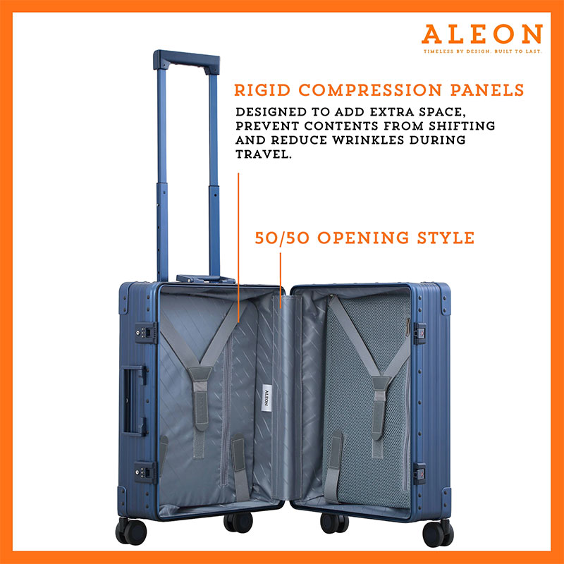 An open ALEON 21" Carry-On reveals a neatly arranged interior with compression panels and secure straps, showcasing its well-structured design for organized packing. The TSA-approved locking mechanism adds an extra layer of security.