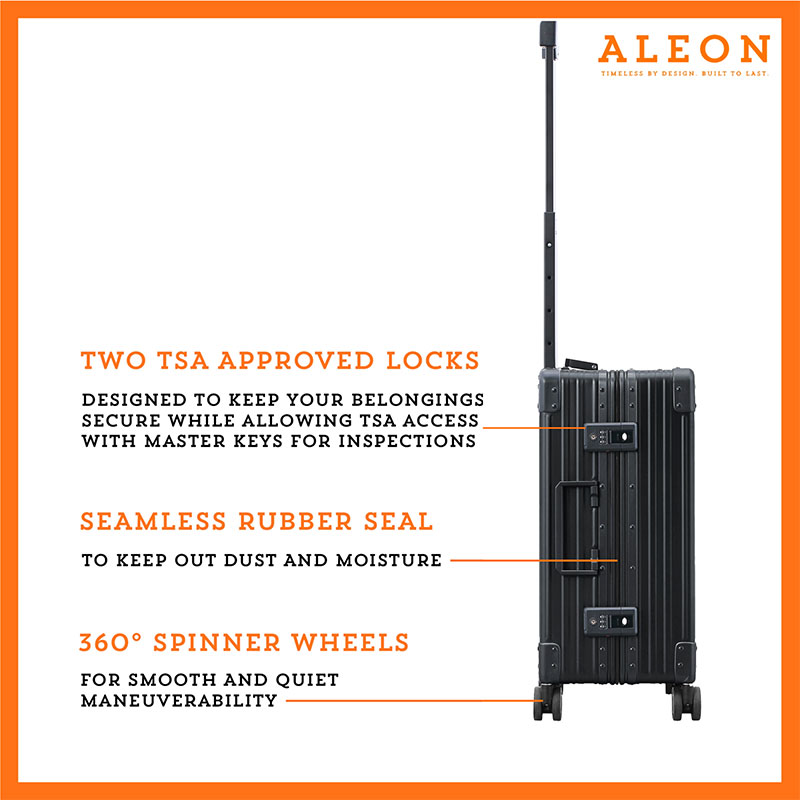 B079VMSMN7-ON-Lock-(2) The ALEON 21" black Carry-On rests beside a plush airport lounge chair, its refined metallic finish complementing the sophisticated travel setting. Designed for durability and elegance, it exudes premium craftsmanship and functionality.