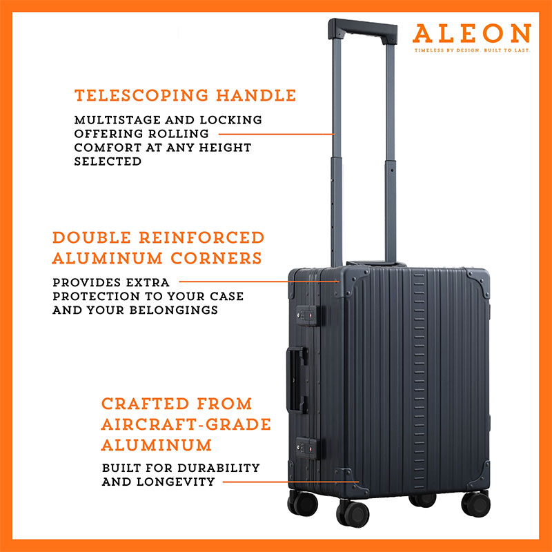 B079VMSMN7-ON-side-(2) The ALEON 21" Carry-On glides effortlessly through a busy terminal, its precision-engineered wheels navigating the polished flooring with ease. The sturdy telescoping handle ensures a comfortable grip for travelers.