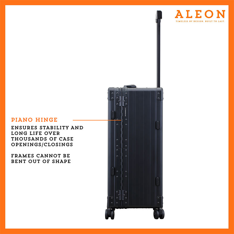 Hinge view on Aleon case with full length piano hinge for unbeatable durabilty