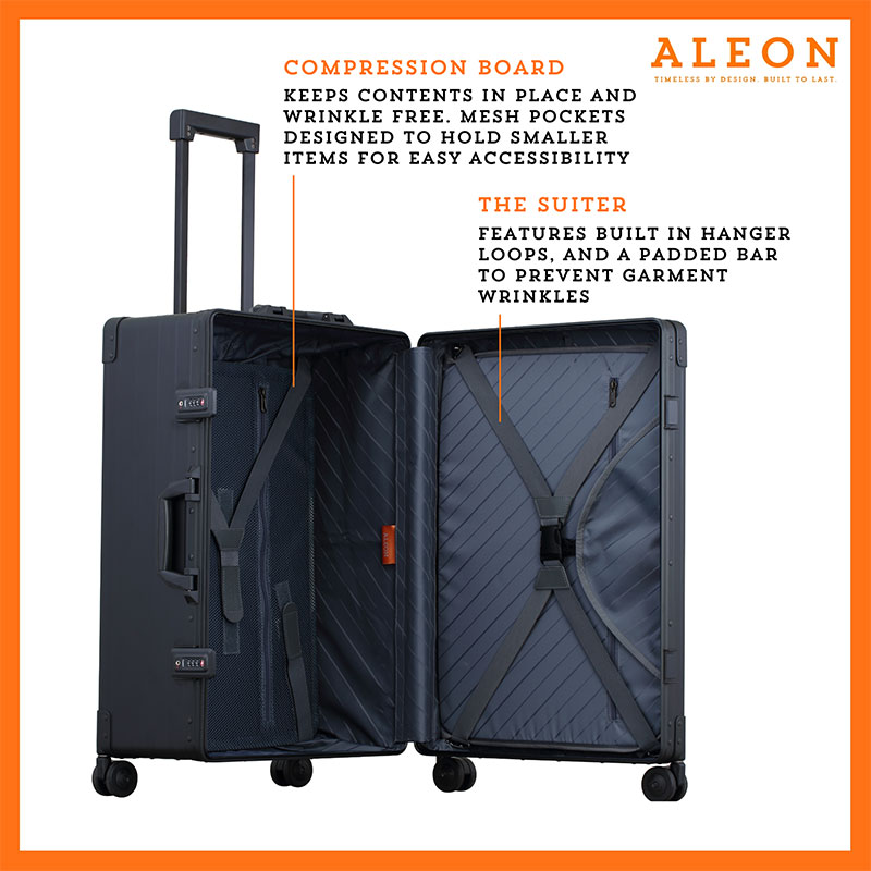 Open view of Aleon checked traveler case with suiter in black onyx
