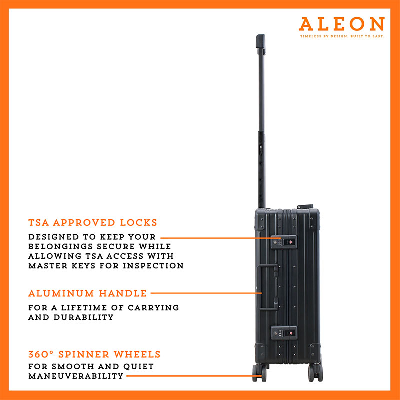 Aleon TSA lock view of international carry on in onyx black with spinner wheels