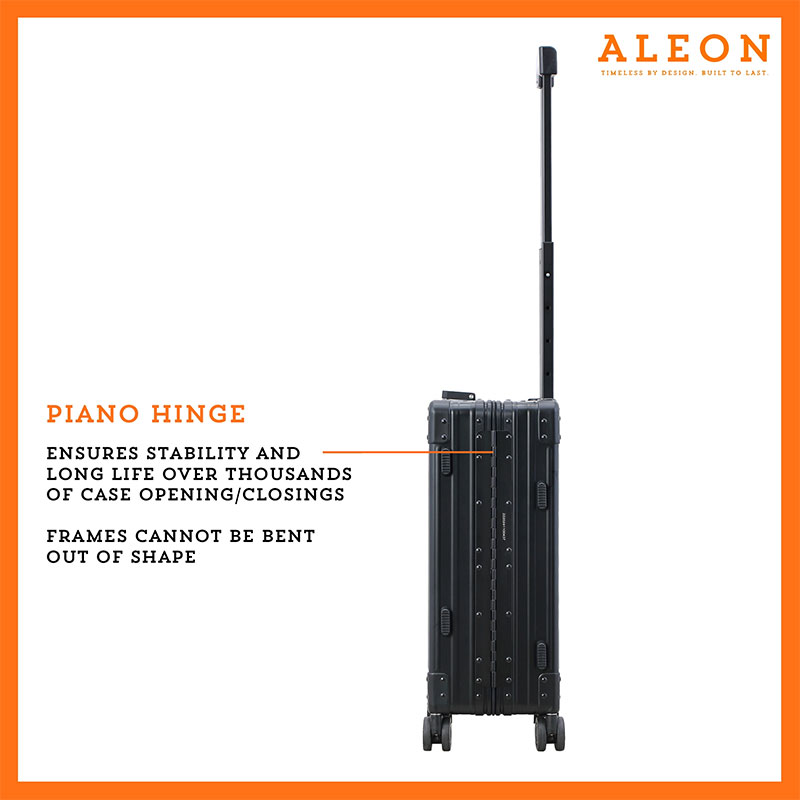 Full length piano hinge on black carry on for unbeatable durability