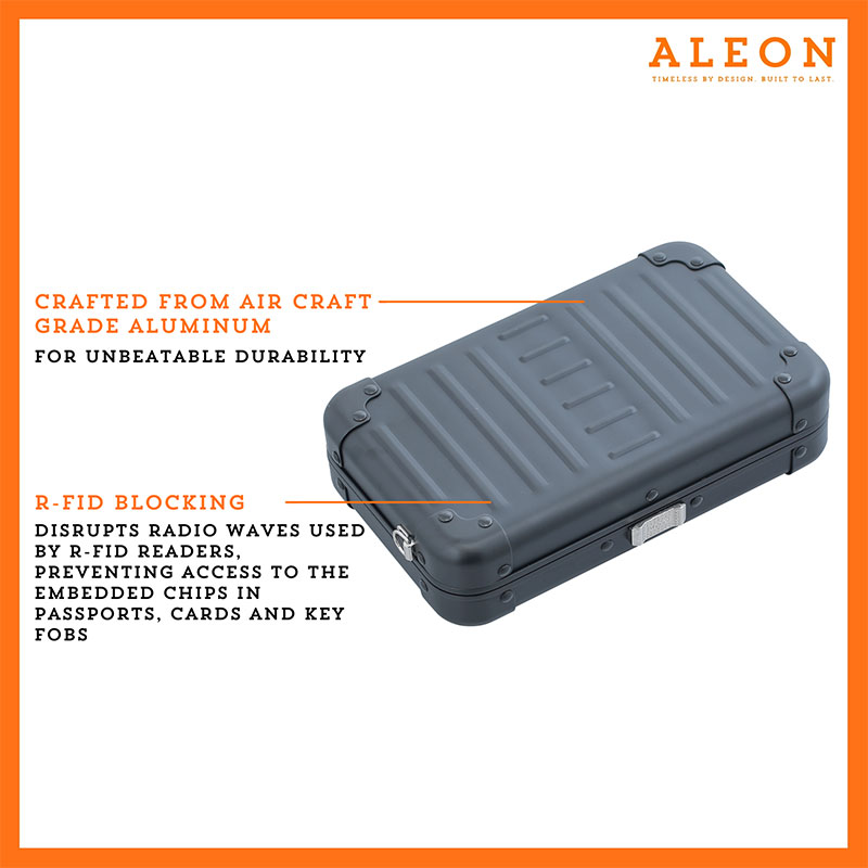 Aleon onyx black crossbody bag featuring interior RFID-blocking pockets for secure storage. The bag is open, showcasing multiple organized compartments designed to protect personal items such as cards and passports. Aleon logo and tagline 'Timeless by design. Built to last.' are displayed in the top right corner.