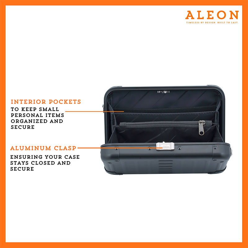 ALEON black crossbody case displayed with highlighted features, including double reinforced aluminum corners for enhanced durability and an aluminum clasp for secure closure. The case is open, revealing organized interior compartments. Brand name 'ALEON' and tagline 'TIMELESS BY DESIGN. BUILT TO LAST.' are shown at the top right.