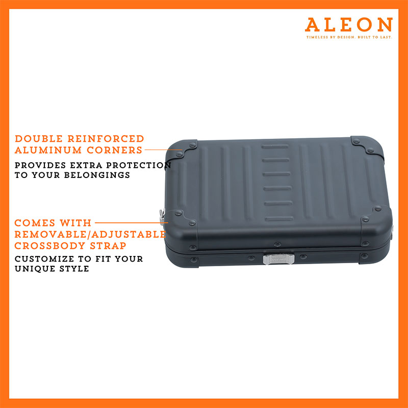Aleon black onyx crossbody bag designed with aircraft-grade aluminum for lasting durability. The bag features an adjustable and removable strap for personalized styling. Aleon logo and tagline 'Timeless by design. Built to last.' are prominently displayed against a clean white background accented with orange borders.