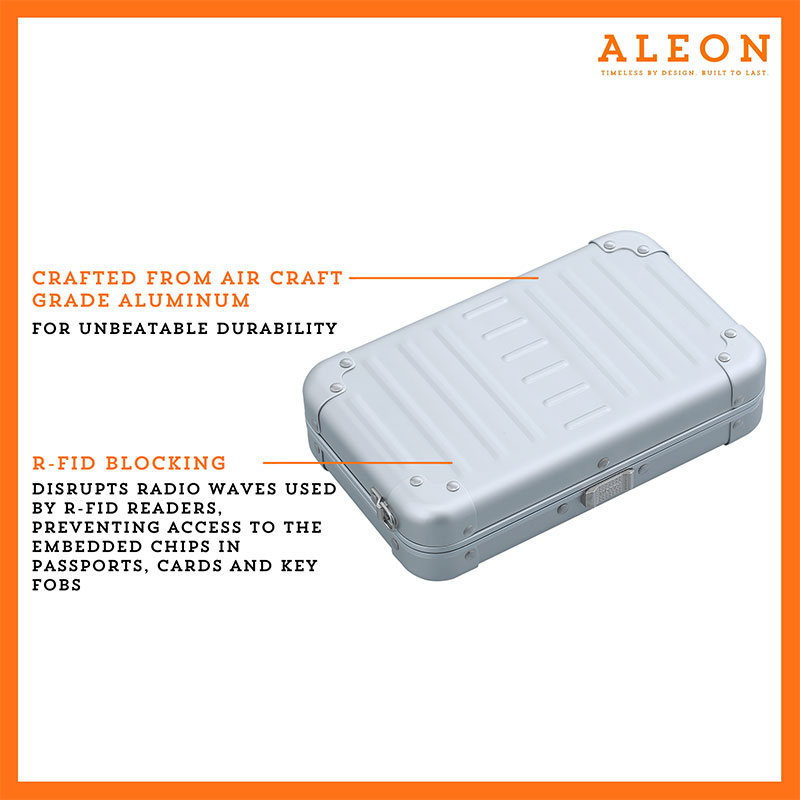 Aleon silver crossbody bag featuring interior RFID-blocking pockets for secure storage. The bag is open, showcasing multiple organized compartments designed to protect personal items such as cards and passports. Aleon logo and tagline 'Timeless by design. Built to last.' are displayed in the top right corner.