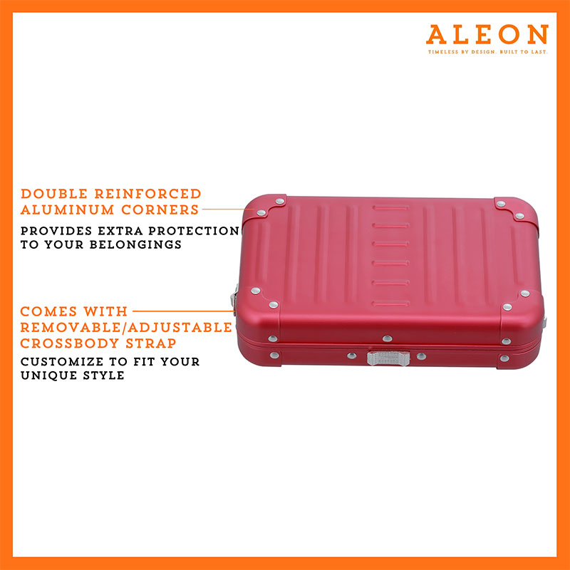 Aleon red ruby crossbody bag designed with aircraft-grade aluminum for lasting durability. The bag features an adjustable and removable strap for personalized styling. Aleon logo and tagline 'Timeless by design. Built to last.' are prominently displayed against a clean white background accented with orange borders.