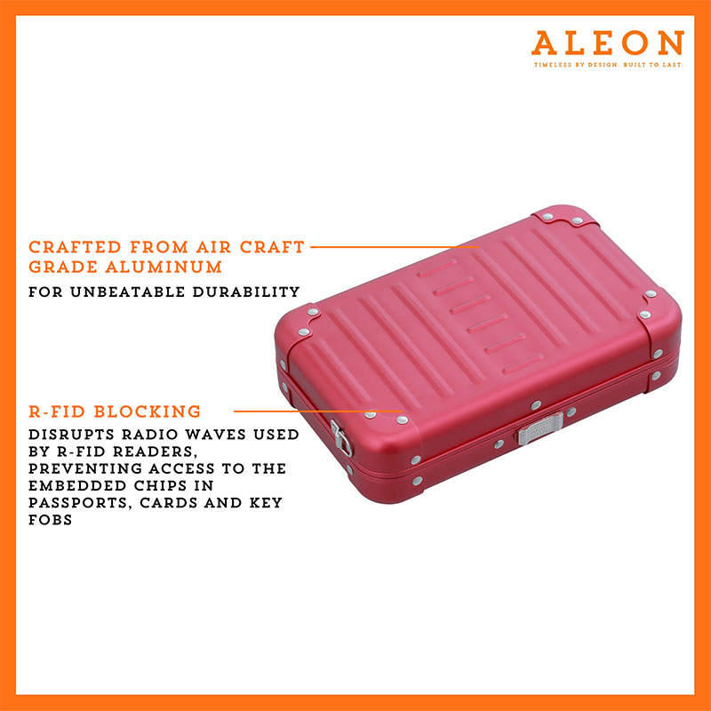 Aleon red ruby crossbody bag featuring interior RFID-blocking pockets for secure storage. The bag is open, showcasing multiple organized compartments designed to protect personal items such as cards and passports. Aleon logo and tagline 'Timeless by design. Built to last.' are displayed in the top right corner.