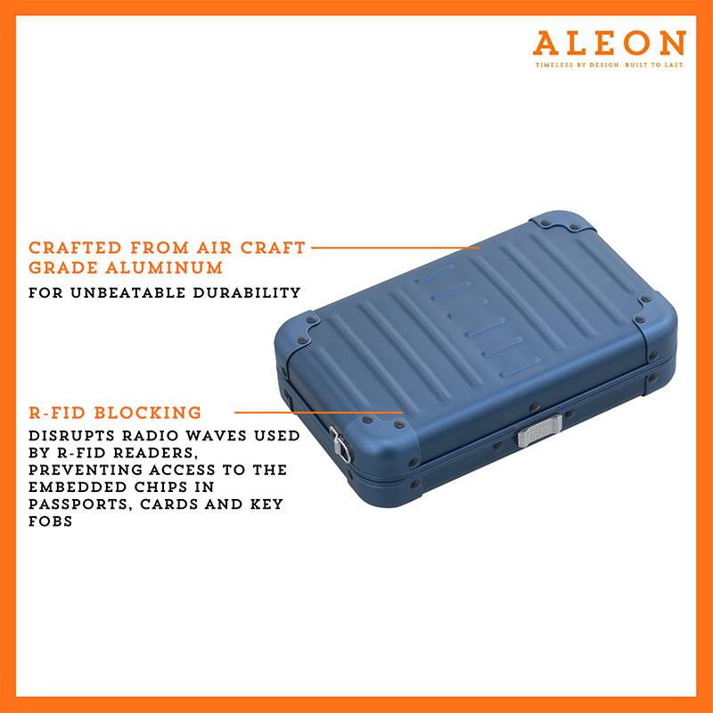 Aleon sapphire blue crossbody bag featuring interior RFID-blocking pockets for secure storage. The bag is open, showcasing multiple organized compartments designed to protect personal items such as cards and passports. Aleon logo and tagline 'Timeless by design. Built to last.' are displayed in the top right corner.