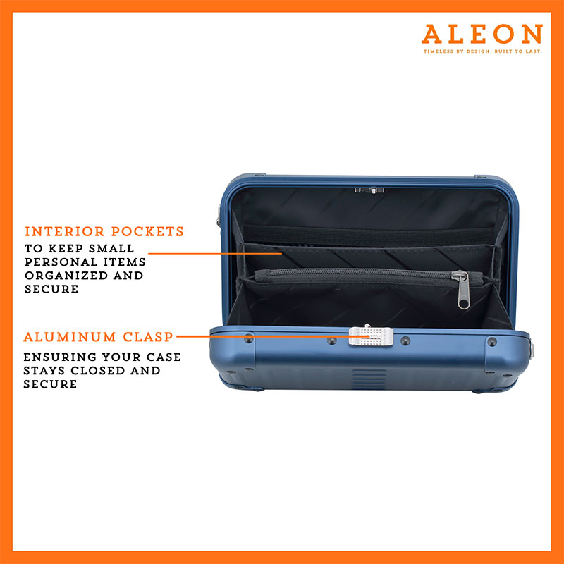 Aleon sapphire blue crossbody bag designed with aircraft-grade aluminum for lasting durability. The bag features an adjustable and removable strap for personalized styling. Aleon logo and tagline 'Timeless by design. Built to last.' are prominently displayed against a clean white background accented with orange borders.