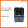 1905-V-ON-open-front ALEON vertical crossbody case displayed with highlighted features, including double reinforced aluminum corners for enhanced durability and an aluminum clasp for secure closure. The case is open, revealing organized interior compartments. Brand name 'ALEON' and tagline 'TIMELESS BY DESIGN. BUILT TO LAST.' are shown at the top right.