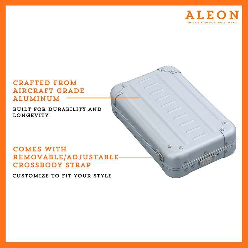 Aleon vertical crossbody bag designed with aircraft-grade aluminum for lasting durability. The bag features an adjustable and removable strap for personalized styling. Aleon logo and tagline 'Timeless by design. Built to last.' are prominently displayed against a clean white background accented with orange borders.
