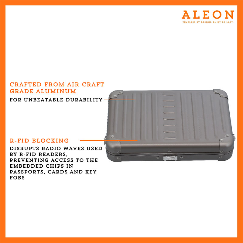 Aleon large bronze crossbody bag featuring interior RFID-blocking pockets for secure storage. The bag is open, showcasing multiple organized compartments designed to protect personal items such as cards and passports. Aleon logo and tagline 'Timeless by design. Built to last.' are displayed in the top right corner