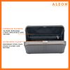 2505-Open-BR ALEON large bronze crossbody case displayed with highlighted features, including double reinforced aluminum corners for enhanced durability and an aluminum clasp for secure closure. The case is open, revealing organized interior compartments. Brand name 'ALEON' and tagline 'TIMELESS BY DESIGN. BUILT TO LAST.' are shown at the top right.