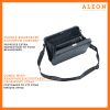 2505-shoulder-strap-ON Aleon large black crossbody bag designed with aircraft-grade aluminum for lasting durability. The bag features an adjustable and removable strap for personalized styling. Aleon logo and tagline 'Timeless by design. Built to last.' are prominently displayed against a clean white background accented with orange borders.