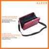 2505-shoulder-strap-RU Aleon large red ruby crossbody bag designed with aircraft-grade aluminum for lasting durability. The bag features an adjustable and removable strap for personalized styling. Aleon logo and tagline 'Timeless by design. Built to last.' are prominently displayed against a clean white background accented with orange borders.