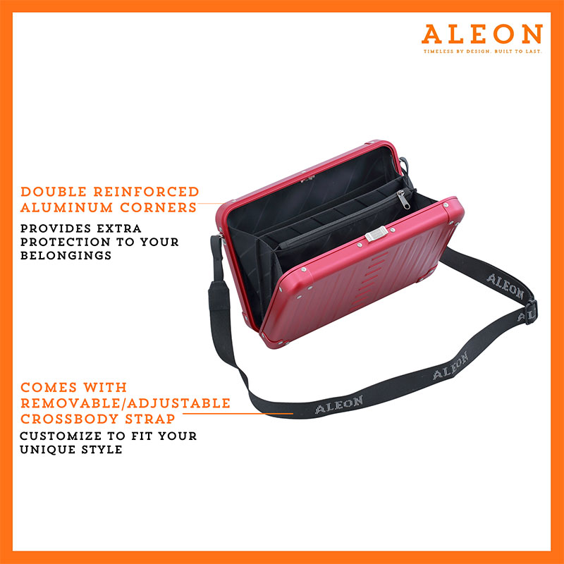 Aleon large red ruby crossbody bag designed with aircraft-grade aluminum for lasting durability. The bag features an adjustable and removable strap for personalized styling. Aleon logo and tagline 'Timeless by design. Built to last.' are prominently displayed against a clean white background accented with orange borders.