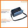 2505-shoulder-strap-SA Aleon large sapphire blue crossbody bag designed with aircraft-grade aluminum for lasting durability. The bag features an adjustable and removable strap for personalized styling. Aleon logo and tagline 'Timeless by design. Built to last.' are prominently displayed against a clean white background accented with orange borders.