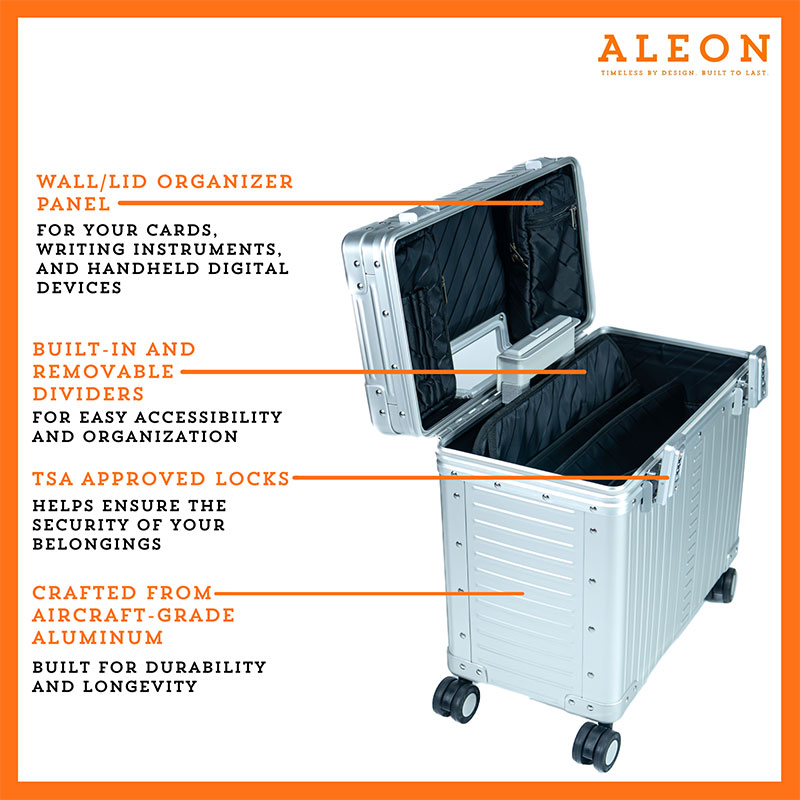 Aleon pilot case open with dividers and aluminum construction