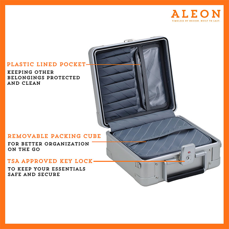 2612-PL-open-(1) ALEON Platinum Silver Messenger Case with features highlighted. The case includes a plastic-lined pocket for keeping belongings protected and clean, a removable packing cube for better organization on the go, and a TSA-approved key lock to keep essentials safe and secure. The case is open, showing the interior design and compartments. The image has an orange border and the ALEON logo with the tagline "Timeless by design. Built to last."
