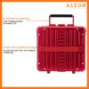 2612-RU-back The image showcases the ALEON red ruby Messenger Case, designed with an aluminum handle for unbeatable durability. It features an over-the-handle strap for effortless stacking onto rolling luggage. The silver case has a sleek, ribbed design with reinforced corners, offering a balance of style and security. The ALEON logo and tagline, "Timeless by design. Built to last." are displayed in the top right corner.