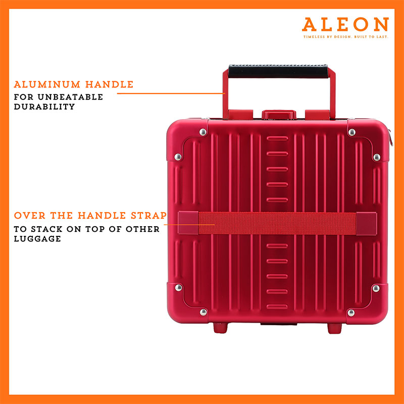 2612-RU-back The image showcases the ALEON red ruby Messenger Case, designed with an aluminum handle for unbeatable durability. It features an over-the-handle strap for effortless stacking onto rolling luggage. The silver case has a sleek, ribbed design with reinforced corners, offering a balance of style and security. The ALEON logo and tagline, "Timeless by design. Built to last." are displayed in the top right corner.
