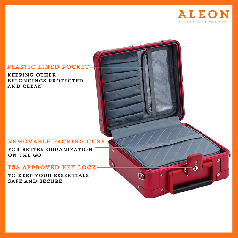 2612-RU-open ALEON Messenger red ruby Case with features highlighted. The case includes a plastic-lined pocket for keeping belongings protected and clean, a removable packing cube for better organization on the go, and a TSA-approved key lock to keep essentials safe and secure. The case is open, showing the interior design and compartments. The image has an orange border and the ALEON logo with the tagline "Timeless by design. Built to last."
