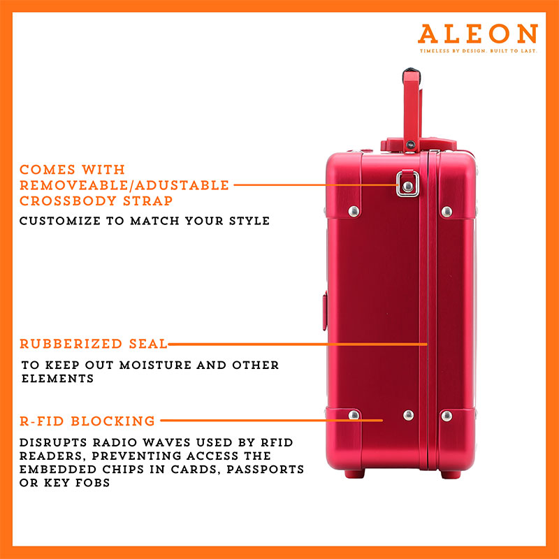 2612-RU-side The image features a red ruby ALEON Messenger Case with three highlighted features. The first is a removable and adjustable crossbody strap, allowing customization to match personal style. The second is a rubberized seal, designed to keep out moisture and other elements. The third is RFID blocking, which disrupts radio waves used by RFID readers to prevent unauthorized access to embedded chips in cards, passports, or key fobs. The case is presented against a white background with an orange border, and the ALEON logo is displayed in the top right corner.