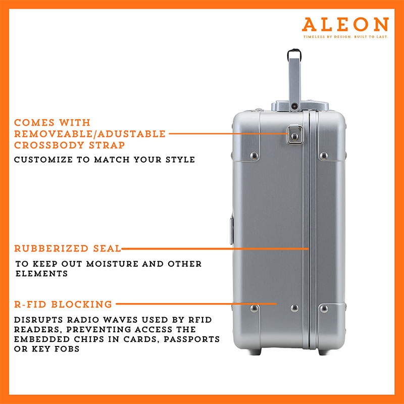 2612-side The image features a platinum silver ALEON Messenger Case with three highlighted features. The first is a removable and adjustable crossbody strap, allowing customization to match personal style. The second is a rubberized seal, designed to keep out moisture and other elements. The third is RFID blocking, which disrupts radio waves used by RFID readers to prevent unauthorized access to embedded chips in cards, passports, or key fobs. The case is presented against a white background with an orange border, and the ALEON logo is displayed in the top right corner.